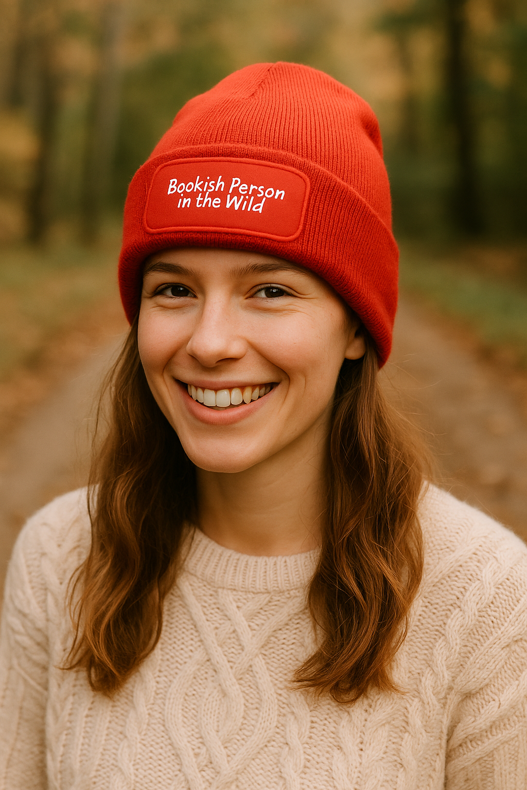 Model wearing Bookish Person in the Wild vinyl beanie outdoors