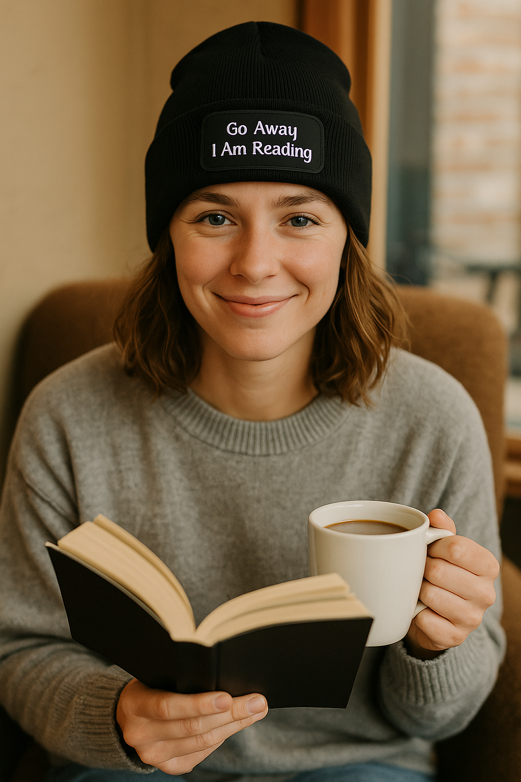 Model wearing Go Away I Am Reading beanie in cosy café setting