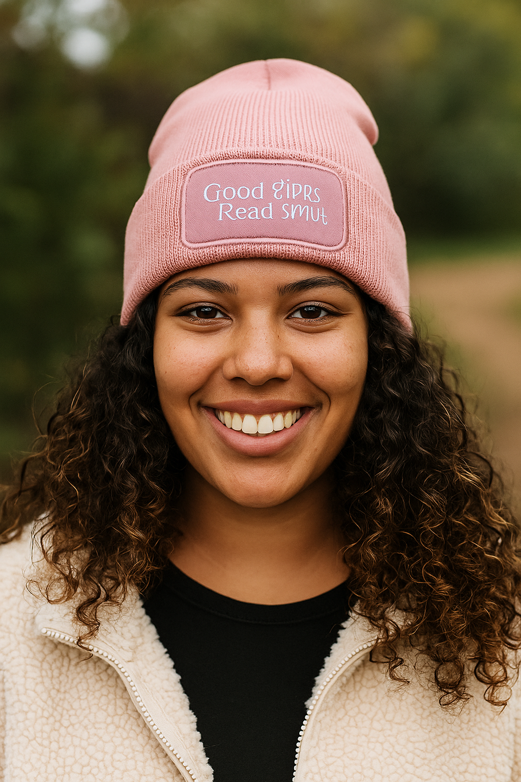 Model wearing Good Girls Read Smut vinyl design beanie outdoors