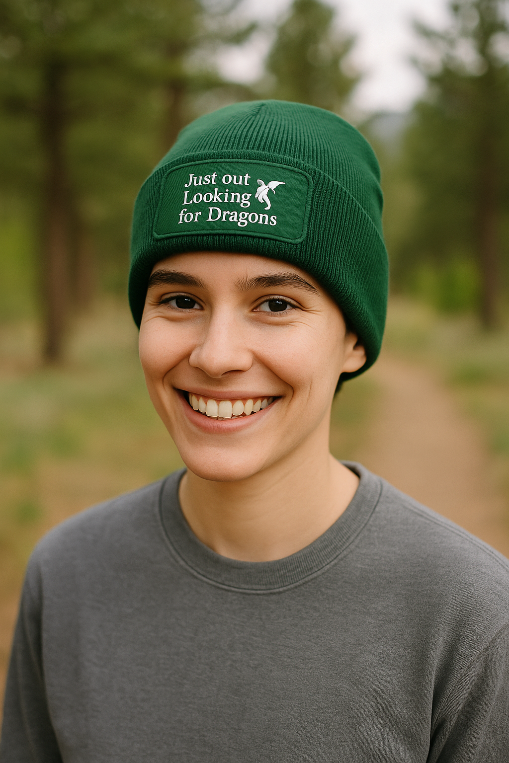 Model wearing dragon beanie outdoors in cosy autumn setting