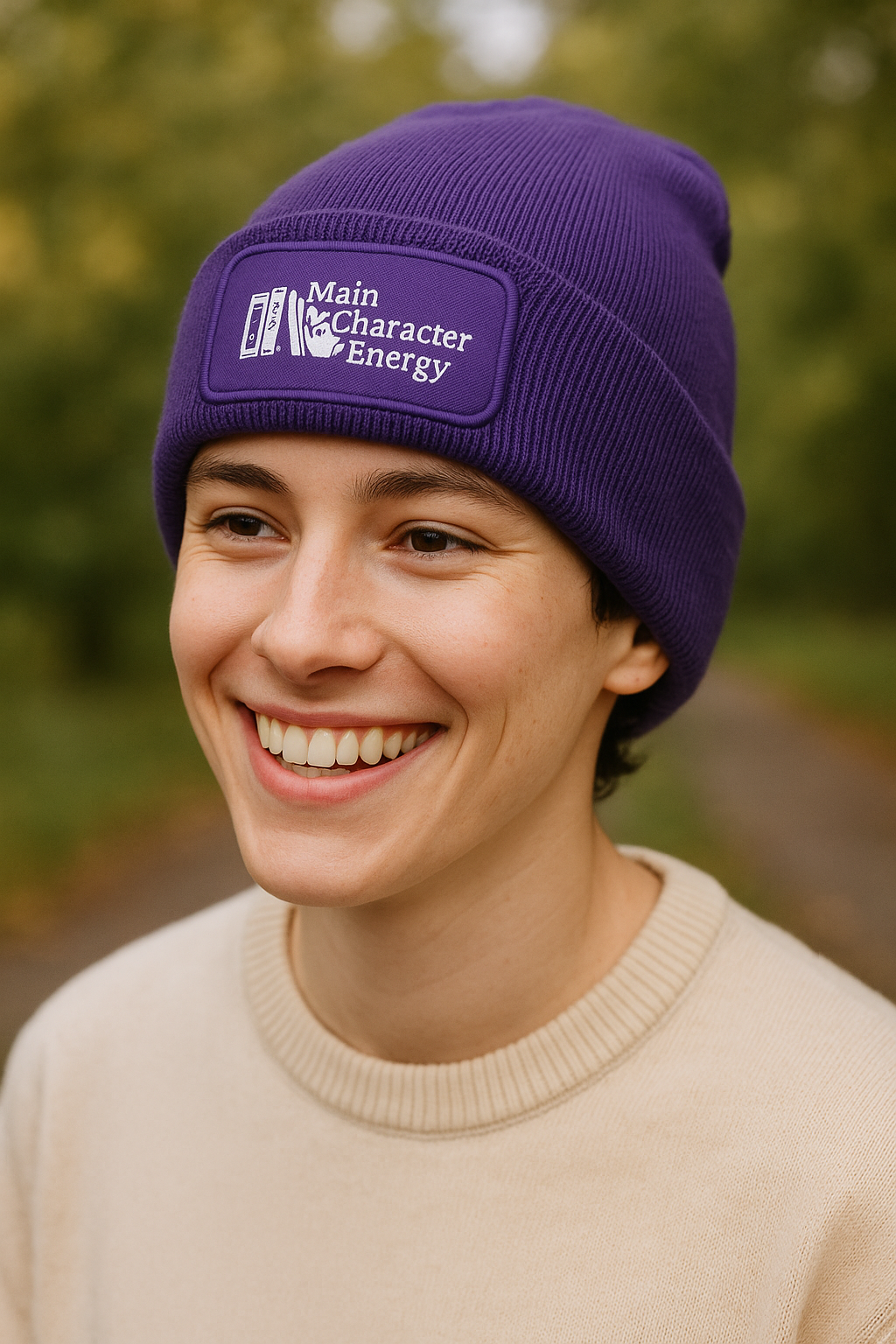 Model wearing Main Character Energy beanie outdoors in autumn