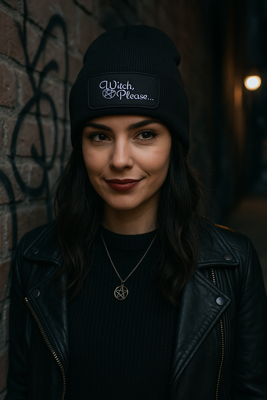 Unisex witchy beanie hat styled with gothic alternative fashion